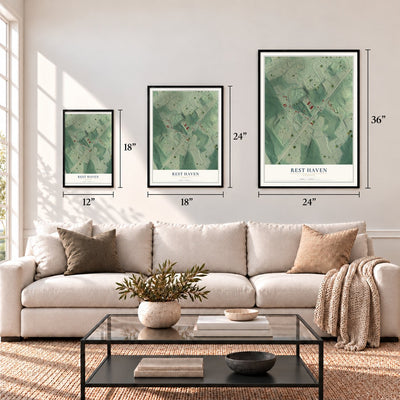 Rest Haven, Georgia map in 12 x 18, 18 x 24 and 24 x 36 inch sizes above a sofa