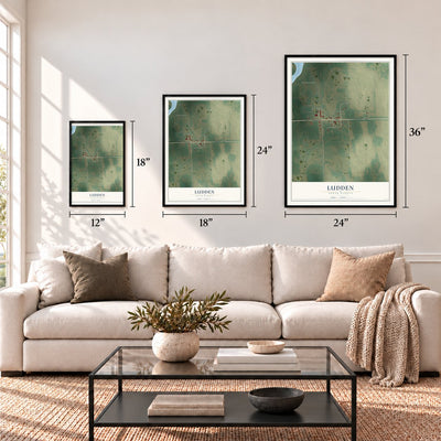 Ludden, North Dakota map in 12 x 18, 18 x 24 and 24 x 36 inch sizes above a sofa