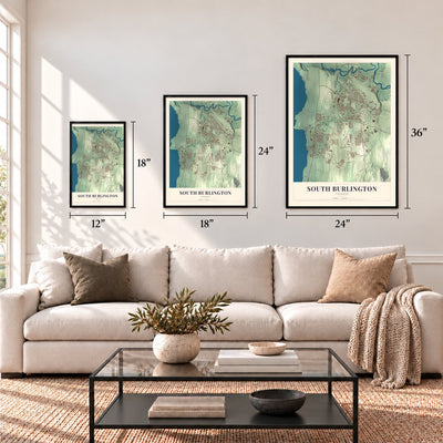 South Burlington, Vermont map in 12 x 18, 18 x 24 and 24 x 36 inch sizes above a sofa