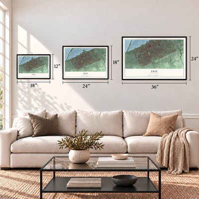 Erie, Pennsylvania map in 12 x 18, 18 x 24 and 24 x 36 inch sizes above a sofa