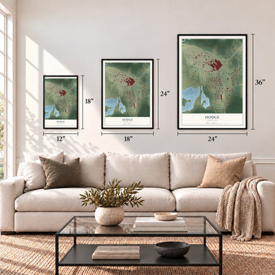 Hodge, Louisiana map in 12 x 18, 18 x 24 and 24 x 36 inch sizes above a sofa