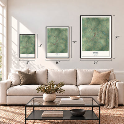 Fyffe, Alabama map in 12 x 18, 18 x 24 and 24 x 36 inch sizes above a sofa