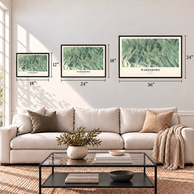 Wardsboro, Vermont map in 12 x 18, 18 x 24 and 24 x 36 inch sizes above a sofa