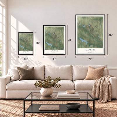 Alvarado, Texas map in 12 x 18, 18 x 24 and 24 x 36 inch sizes above a sofa