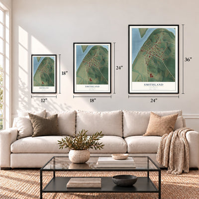 Smithland, Kentucky map in 12 x 18, 18 x 24 and 24 x 36 inch sizes above a sofa