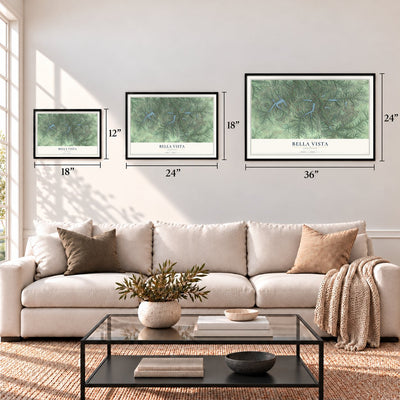 Bella Vista, Arkansas map in 12 x 18, 18 x 24 and 24 x 36 inch sizes above a sofa