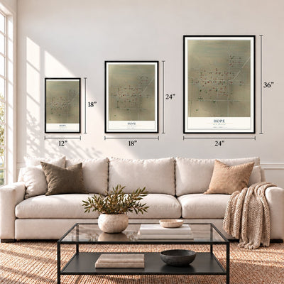 Hope, New Mexico map in 12 x 18, 18 x 24 and 24 x 36 inch sizes above a sofa