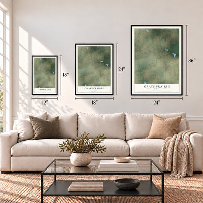 Grays Prairie, Texas map in 12 x 18, 18 x 24 and 24 x 36 inch sizes above a sofa