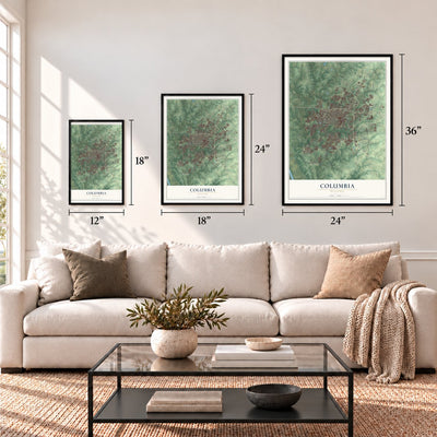 Columbia, Missouri map in 12 x 18, 18 x 24 and 24 x 36 inch sizes above a sofa