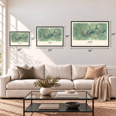 Ayer, Massachusetts map in 12 x 18, 18 x 24 and 24 x 36 inch sizes above a sofa