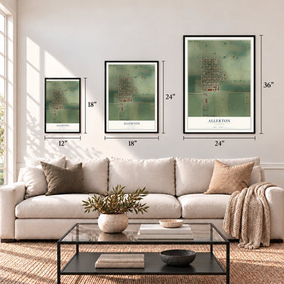 Allerton, Illinois map in 12 x 18, 18 x 24 and 24 x 36 inch sizes above a sofa