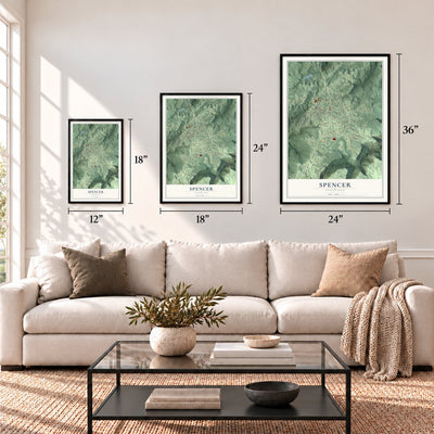 Spencer, Tennessee map in 12 x 18, 18 x 24 and 24 x 36 inch sizes above a sofa
