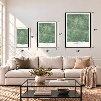 Carthage, North Carolina map in 12 x 18, 18 x 24 and 24 x 36 inch sizes above a sofa