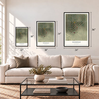 Mansfield, Washington map in 12 x 18, 18 x 24 and 24 x 36 inch sizes above a sofa