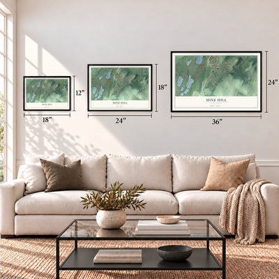 Mine Hill, New Jersey map in 12 x 18, 18 x 24 and 24 x 36 inch sizes above a sofa