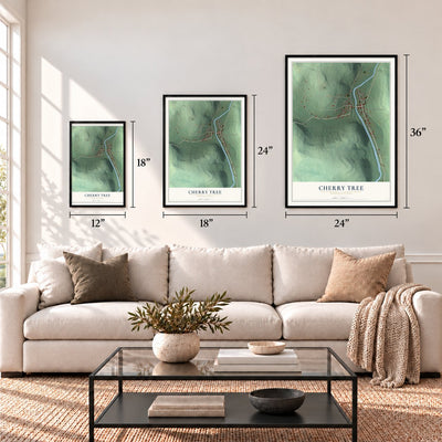 Cherry Tree, Pennsylvania map in 12 x 18, 18 x 24 and 24 x 36 inch sizes above a sofa