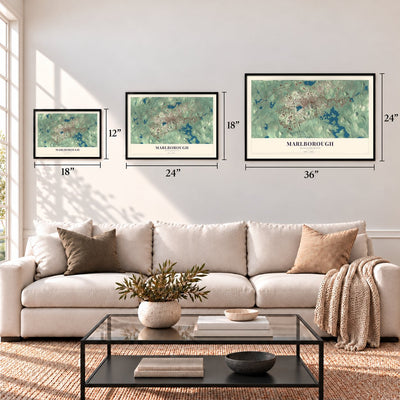 Marlborough, Massachusetts map in 12 x 18, 18 x 24 and 24 x 36 inch sizes above a sofa