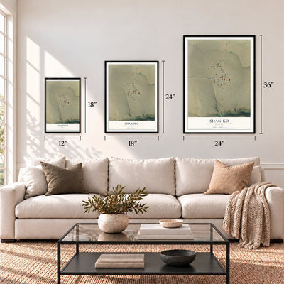 Shaniko, Oregon map in 12 x 18, 18 x 24 and 24 x 36 inch sizes above a sofa