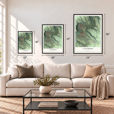Lanesboro, Minnesota map in 12 x 18, 18 x 24 and 24 x 36 inch sizes above a sofa