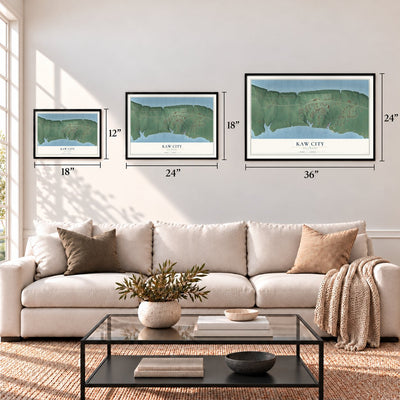 Kaw City, Oklahoma map in 12 x 18, 18 x 24 and 24 x 36 inch sizes above a sofa