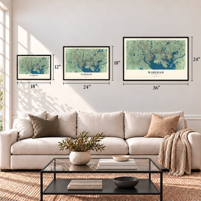 Wareham, Massachusetts map in 12 x 18, 18 x 24 and 24 x 36 inch sizes above a sofa