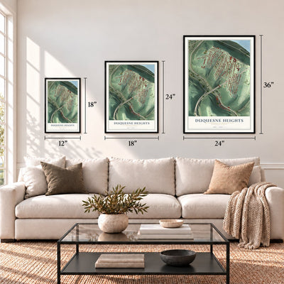 Duquesne Heights, Pennsylvania map in 12 x 18, 18 x 24 and 24 x 36 inch sizes above a sofa