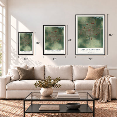 Hartford, Michigan map in 12 x 18, 18 x 24 and 24 x 36 inch sizes above a sofa