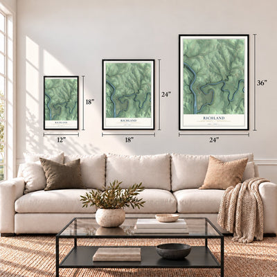 Richland, Clarion County, Pennsylvania map in 12 x 18, 18 x 24 and 24 x 36 inch sizes above a sofa