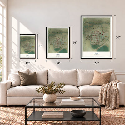 Terry, Montana map in 12 x 18, 18 x 24 and 24 x 36 inch sizes above a sofa
