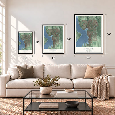 Kirkland, Washington map in 12 x 18, 18 x 24 and 24 x 36 inch sizes above a sofa