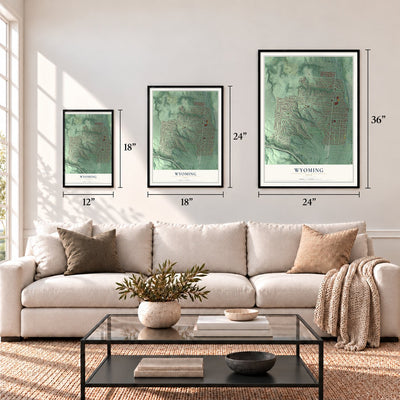 Wyoming, Ohio map in 12 x 18, 18 x 24 and 24 x 36 inch sizes above a sofa