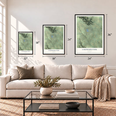 Lakewood Park, Tennessee map in 12 x 18, 18 x 24 and 24 x 36 inch sizes above a sofa