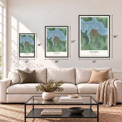 Dellroy, Ohio map in 12 x 18, 18 x 24 and 24 x 36 inch sizes above a sofa