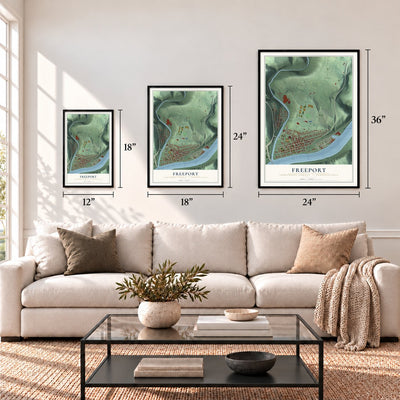 Freeport, Armstrong County, Pennsylvania map in 12 x 18, 18 x 24 and 24 x 36 inch sizes above a sofa