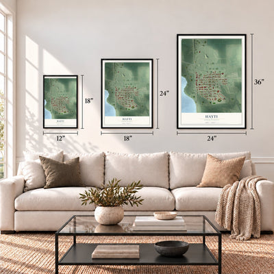 Hayti, South Dakota map in 12 x 18, 18 x 24 and 24 x 36 inch sizes above a sofa