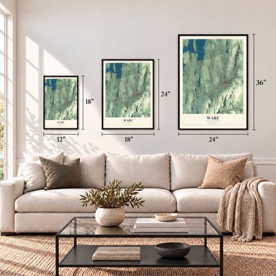 Ware, Massachusetts map in 12 x 18, 18 x 24 and 24 x 36 inch sizes above a sofa