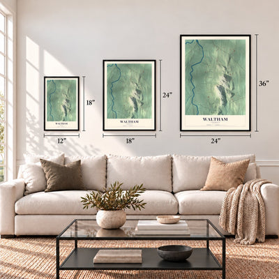 Waltham, Vermont map in 12 x 18, 18 x 24 and 24 x 36 inch sizes above a sofa