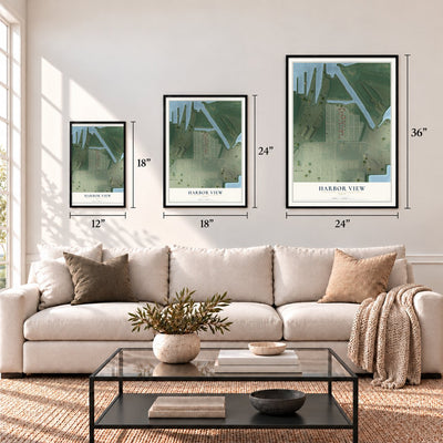 Harbor View, Ohio map in 12 x 18, 18 x 24 and 24 x 36 inch sizes above a sofa