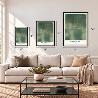 Burnt Prairie, Illinois map in 12 x 18, 18 x 24 and 24 x 36 inch sizes above a sofa