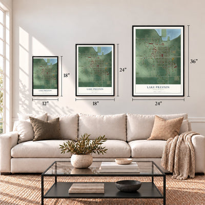 Lake Preston, South Dakota map in 12 x 18, 18 x 24 and 24 x 36 inch sizes above a sofa