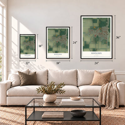 Risingsun, Ohio map in 12 x 18, 18 x 24 and 24 x 36 inch sizes above a sofa