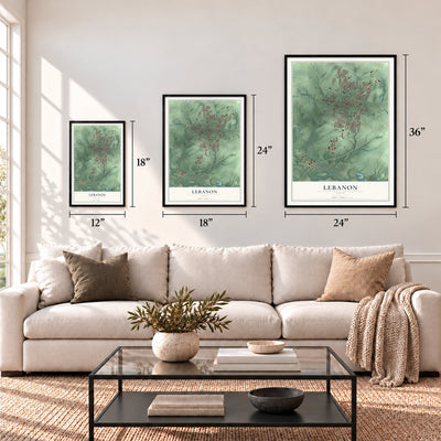 Lebanon, Ohio map in 12 x 18, 18 x 24 and 24 x 36 inch sizes above a sofa