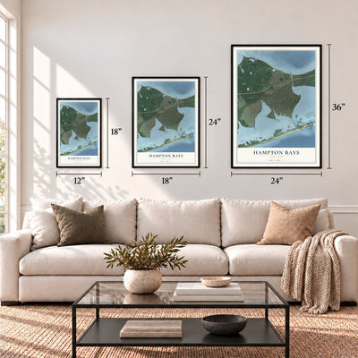 Hampton Bays, New York map in 12 x 18, 18 x 24 and 24 x 36 inch sizes above a sofa
