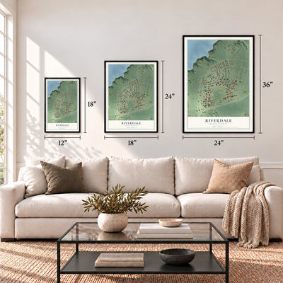 Riverdale, North Dakota map in 12 x 18, 18 x 24 and 24 x 36 inch sizes above a sofa