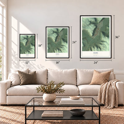 Elba, Minnesota map in 12 x 18, 18 x 24 and 24 x 36 inch sizes above a sofa
