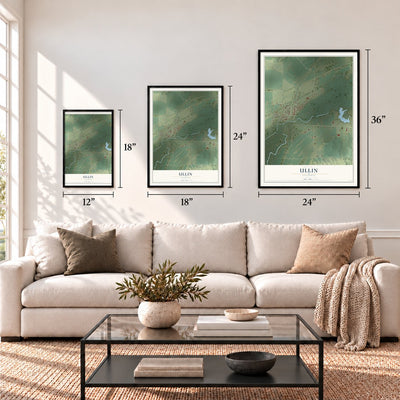 Ullin, Illinois map in 12 x 18, 18 x 24 and 24 x 36 inch sizes above a sofa