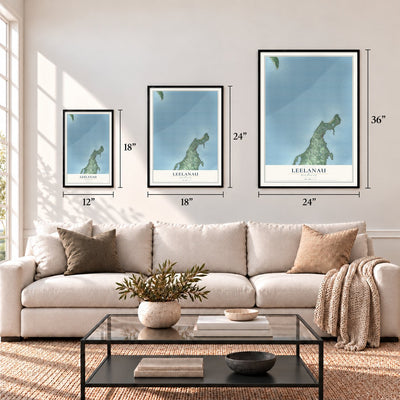 Leelanau, Michigan map in 12 x 18, 18 x 24 and 24 x 36 inch sizes above a sofa