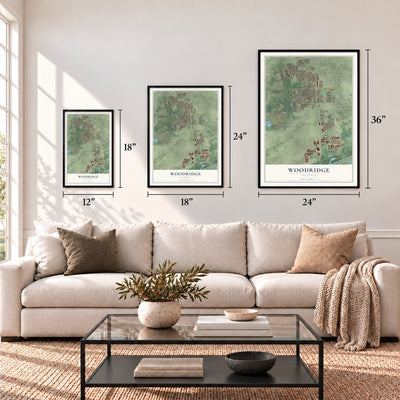 Woodridge, Illinois map in 12 x 18, 18 x 24 and 24 x 36 inch sizes above a sofa