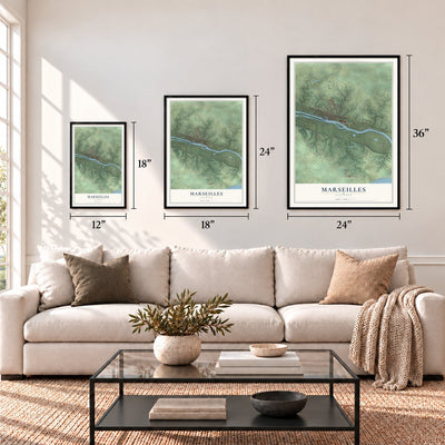 Marseilles, Illinois map in 12 x 18, 18 x 24 and 24 x 36 inch sizes above a sofa