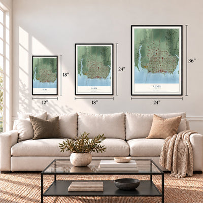 Alma, Nebraska map in 12 x 18, 18 x 24 and 24 x 36 inch sizes above a sofa